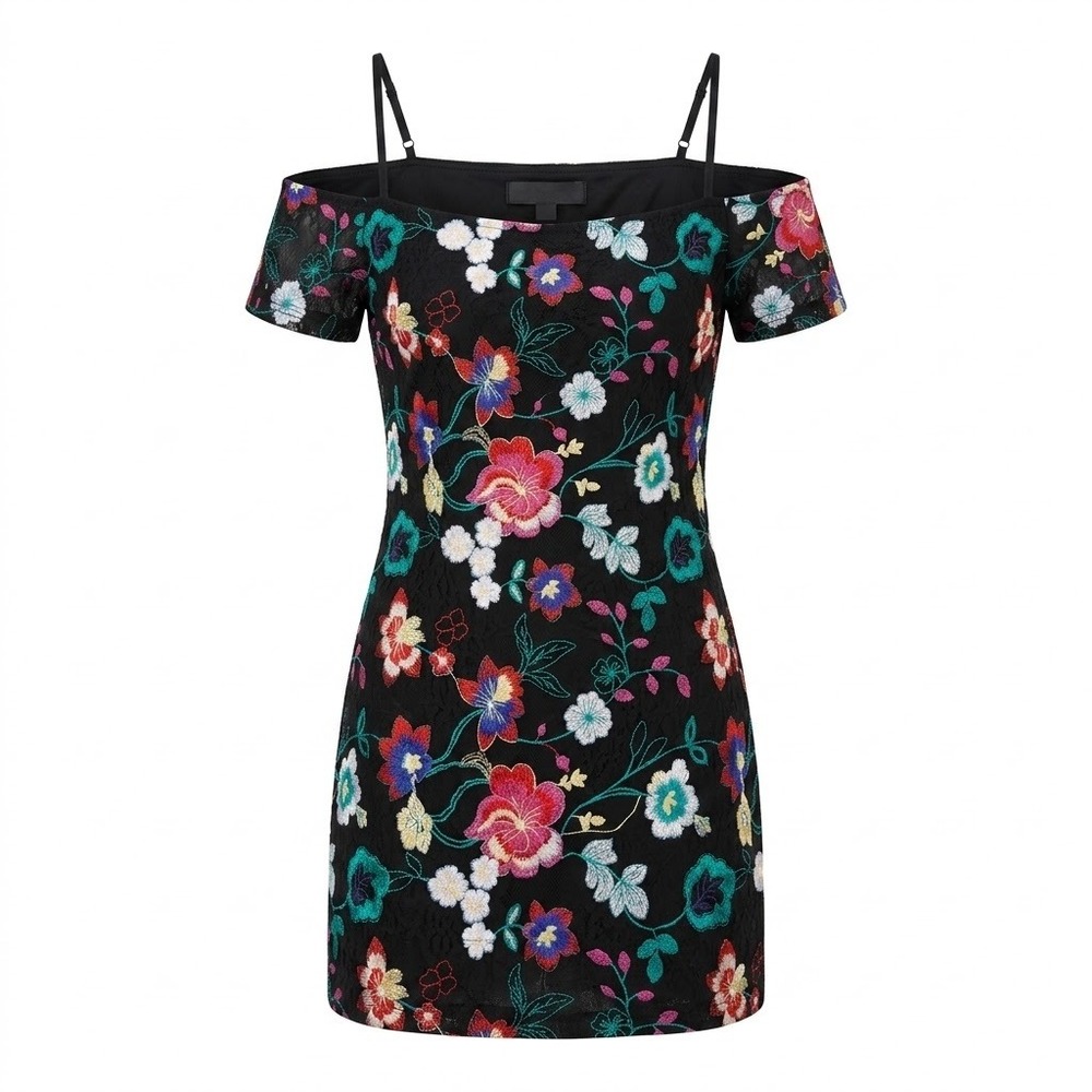 Guess Embroidered Floral Lace Mini Dress Black Multi Off Shoulder Festival